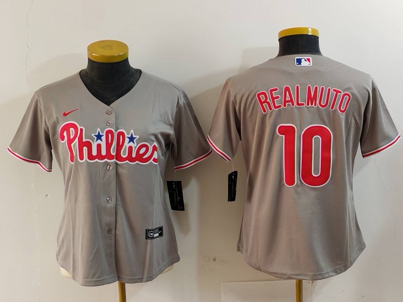 Women's Philadelphia Phillies #10 J.T. Realmuto Grey Cool Base Stitched Baseball Jersey(Run Small) Women's Philadelphia Phillies #10 J.T. Realmuto Grey Cool Base Stitched Baseball Jersey(Run Small)